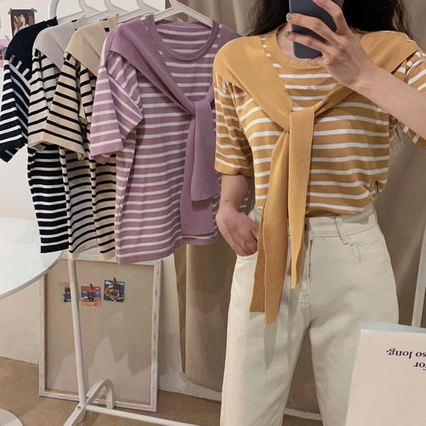 

striped o neck sweater woman short sleeve bottoming knitted patched shawl sweaters pullovers female 2021 autumn, White;black