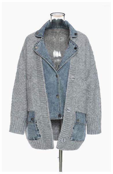 

msxu women elegant casual denim jeans sweater patchwork suit false two pieces blazer coat1, White