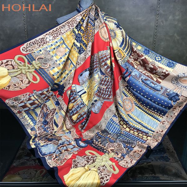 

fashion design square silk scarf women foulard printed bandana ladies shawl hijab elegant headband ring scarves wraps 130*130cm 201103, Blue;gray