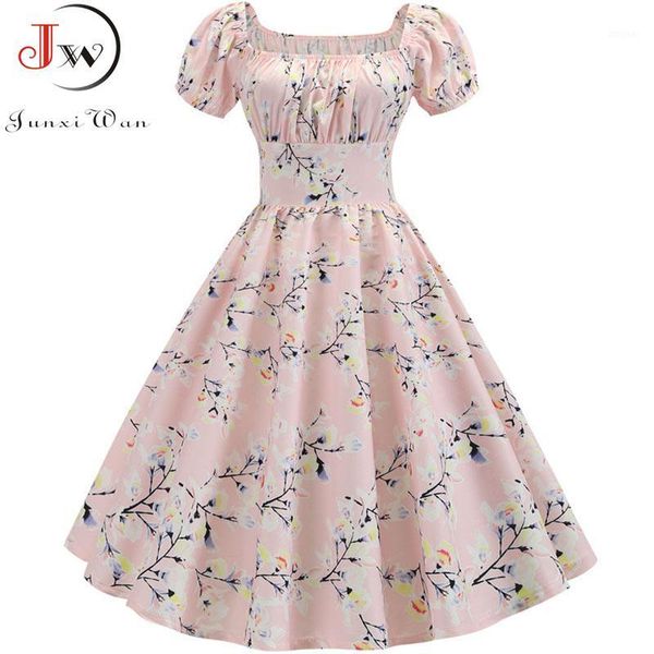 

plus size summer dress 2019 women puff sleeve swing vintage dresses robe femme elegant floral print pin up party dresses jurken1, Black;gray