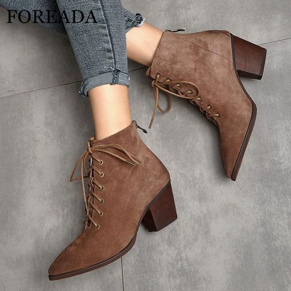 

foreada woman boots real leather high heel ankle boots lace up thick heel shoes zip pointed toe ladies short brown size 42, Black