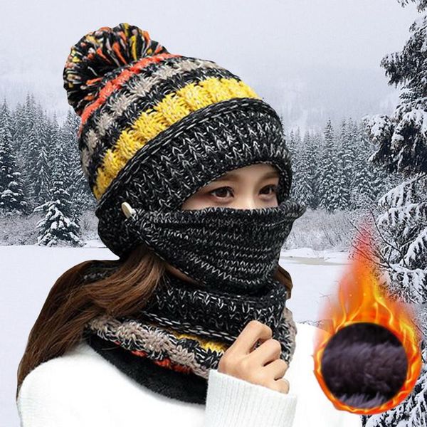 

hats, scarves & gloves sets women winter knit beanie hat with bib and mask 3pcs female ear skullies warm velvet thick riding wool cap multic, Blue;gray