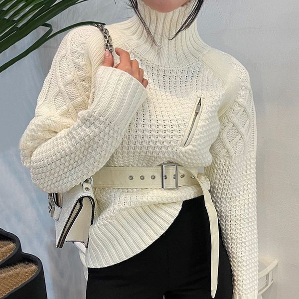 

superaen solid all match turtleneck thick needle zipper decoration diamond full sweater women h1211, White;black