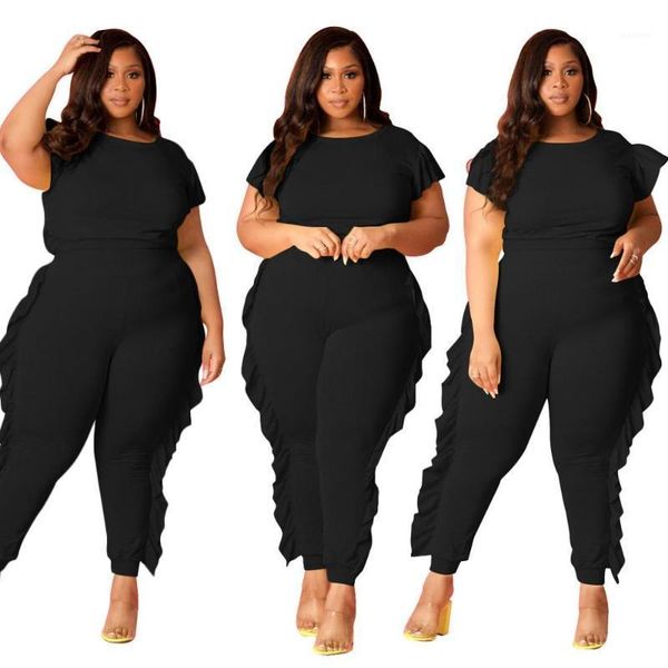

plus size clothing xl-4xl women sets o-neck short sleeve high waist patchwork pleated ruffles pencil pants outfits for nightclub1, Gray
