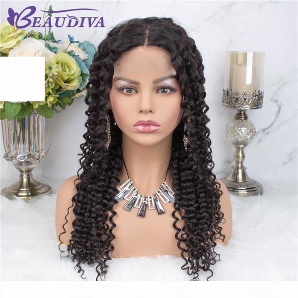 

beaudiva 4*4 kinky curly lace wigs middle part human hair wigs pre plucked hairline with baby hair brazilian curiy lace wigs, Black;brown