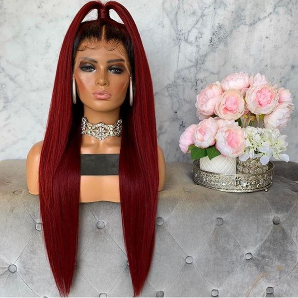 

straight pre plucked brazilian hair full wigs with baby hair 13x4 ombre red lace front wig synthetic for black/white women, Black;brown