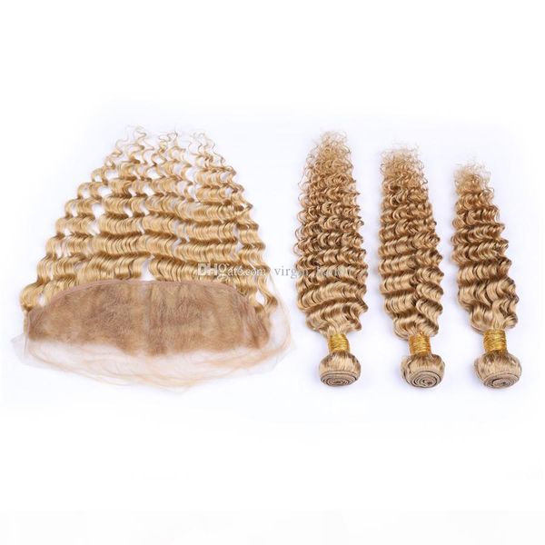 

8а honey blonde deep wave завитые human пучки волос с кружевом фронтальная 3 цвет пучки волос # 27 необработанное сырье индийский волос с cl, Black;brown