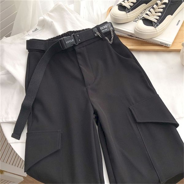 

2021 new high waist tooling harem women's spring korean fashion all-match solid color nine points casual radish pants belt pfj8, Black;white