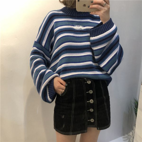 

women sweaters new harajuku kawaii sweaters cute sweet vintage striped oversize knit pullover sweaters b460 201030, White