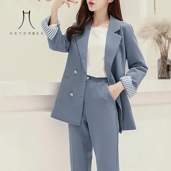 

heydress women solid double breasted blazer suit office lady elegant pants suit two piece set female long sleeve work clothes1, White