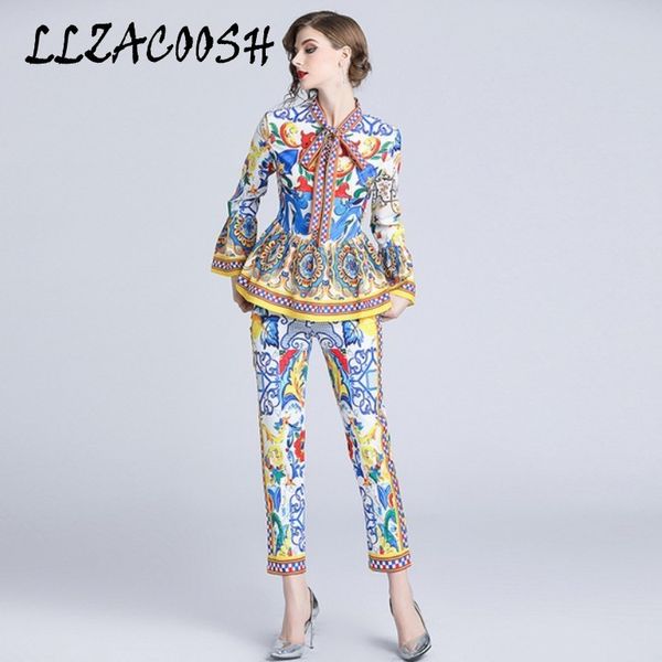 

fashion runway pants suit sets women's flare sleeve bow collar print blouses and casual pants two pieces set lj201120, White