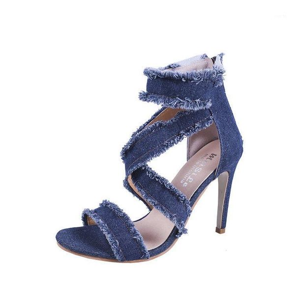 

yeddamavis blue women sandals 10cm women high heels zipper denim shoes pumps shoes peep toe denim thin heels1, Black