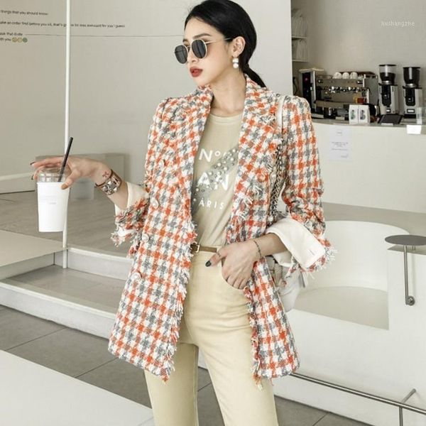 

korean autumn elegant office lady fashion winter jackets women tassel vintage plaid tweed coat women clothes mujer1, Black;brown