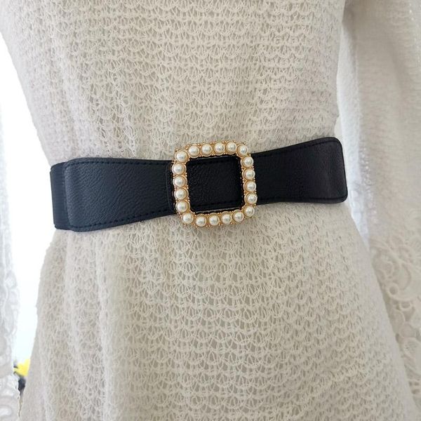 

woman gold pearl buckle waistband wide elastic cummerbunds stretch waist belts for women fashion dress belts wedding waistbands, Black;brown