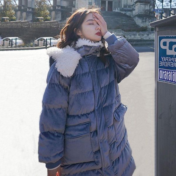 

women's down & parkas 2021 womens winter long basic jackets gold velvet jacket loose casual hooded lamb wool padded women parka coat, Black