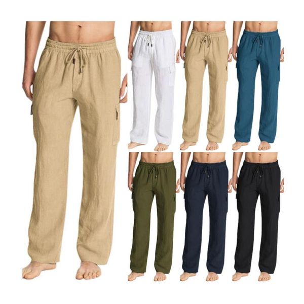 

men's pants 2021 spring summer men trousers thin breathable cotton linen loose slacks straight drawstring casual mens' streetwear, Black
