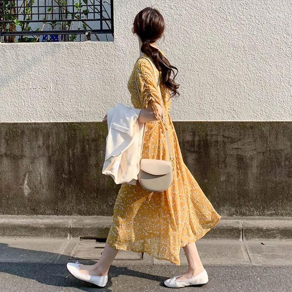 

uego thin soft chiffon short sleeve summer dress fashion print floral korea design prairie chic girl's dress women casual1, Black;gray