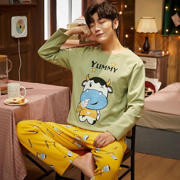 

autumn winter long sleeve man pajama sets cotton pajamas men casual sleepwear homewear plus size pijamas cute cartoon cow pijama, Black;brown