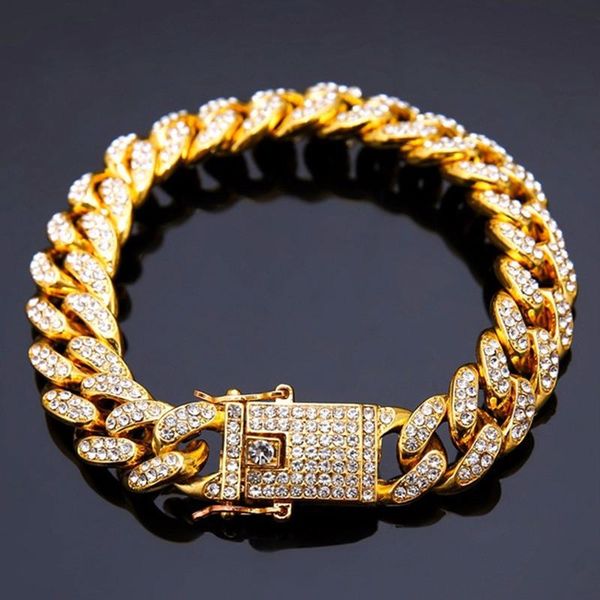 

hyperbole 12mm gold color hip hop rhinestone bracelets for men, Golden;silver