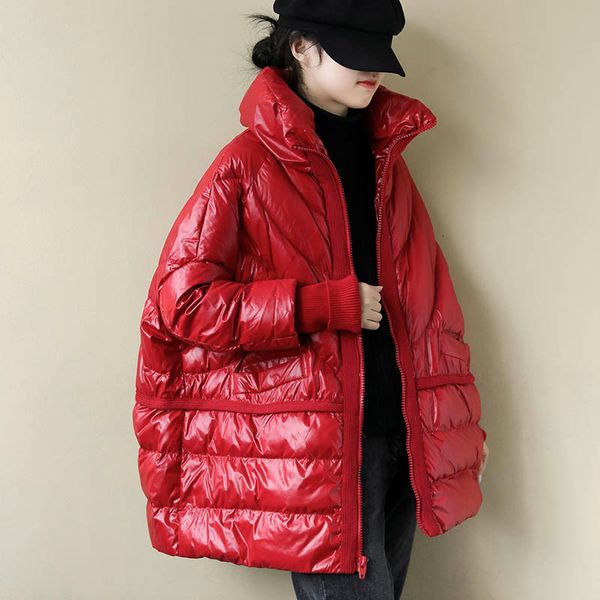 

winter down jacket women shiny bread loose stand collar female down parkas 90% white duck down coat oversize waterproof, Black