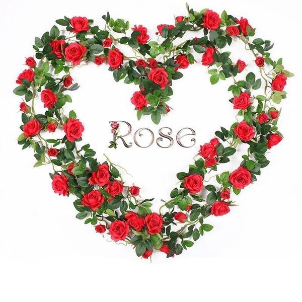

1pcs artificial rose vine fake flower wall hanging 2.4m green leaf cane diy handmade wedding party decoration home decoration