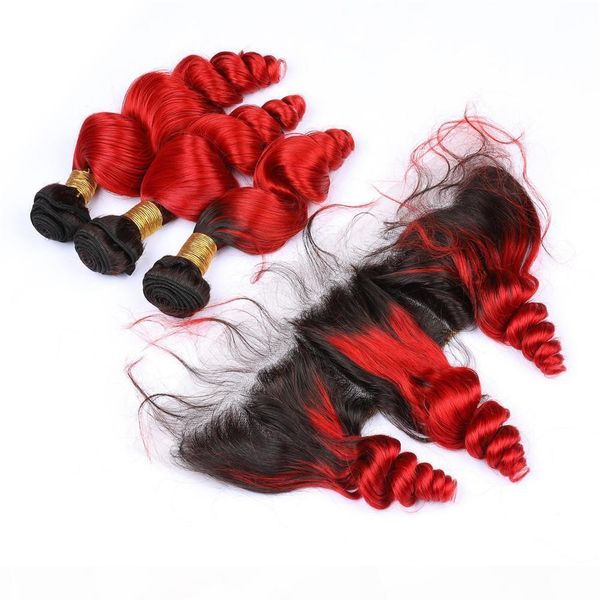 

loose wave burgundy ombre brazilian hair 3pcs bundles with frontal #1b 99j wine red ombre human hair 13x4 lace frontal closure with weaves, Black;brown