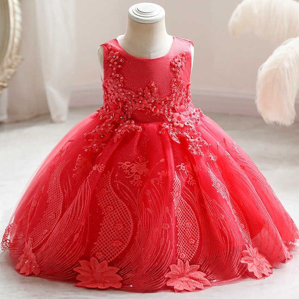 

new girls' dress pearl wedding one year old dress fluffy princess dress, Red;yellow