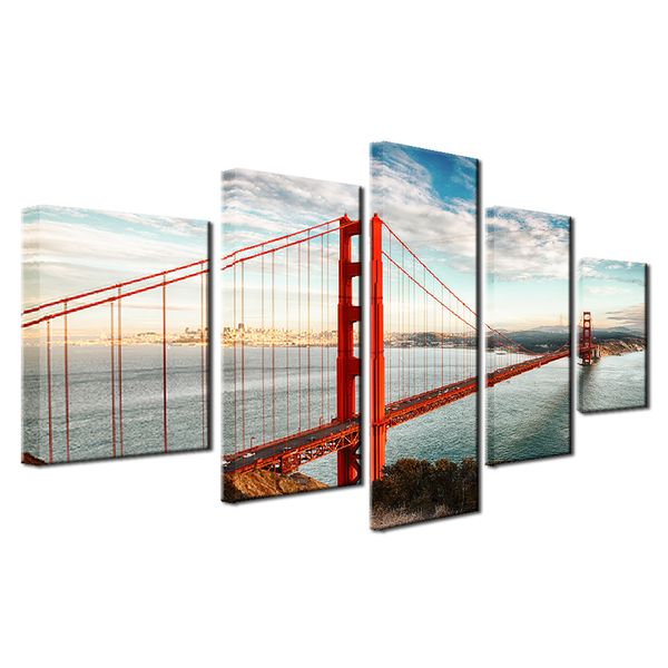 

5 panel framed landscape sea bridge canvas painting modern wall art printed pictures 5 pieces home decor painting for living room decor