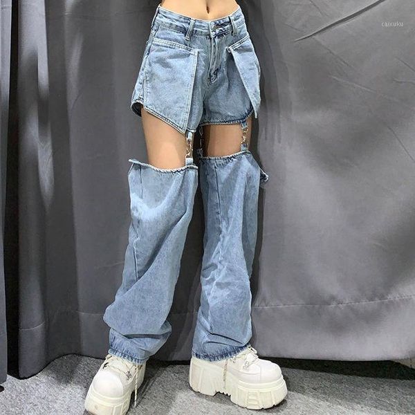 

retro jeans female bf wind straight high waist jeans design sense detachable two-wear women baggy women1, Blue
