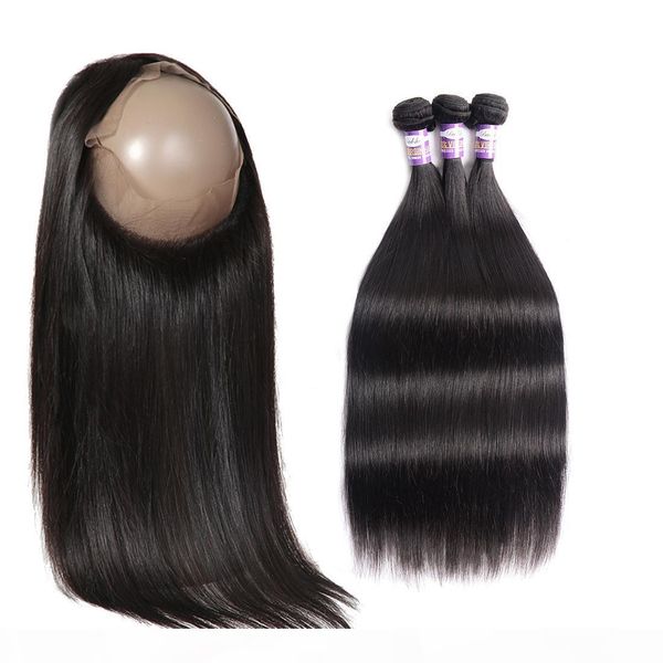 

peruvian straight human hair 3 bundles with 360 lace frontal closure 360 lace frontal closure with brazilian human hair extensions bundles, Black;brown