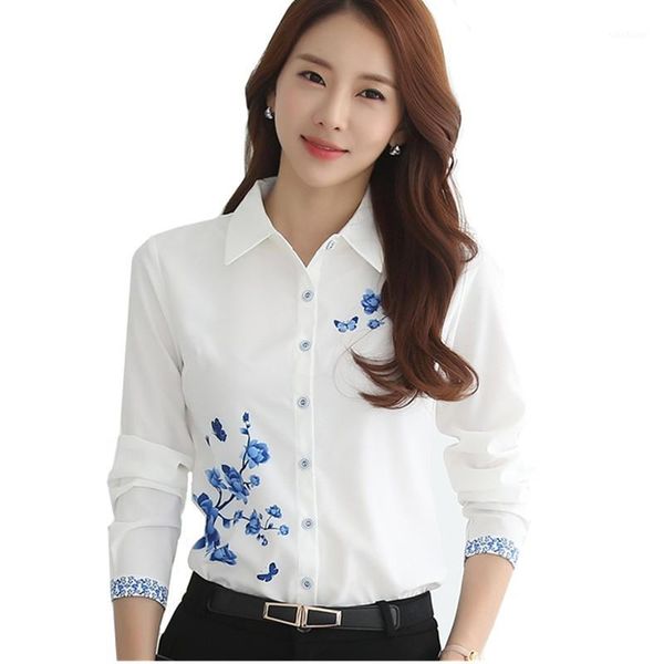 

women's blouses & shirts white flower print long sleeve blouse women 2021 spring summer slim elegant work office plus size shirt casual