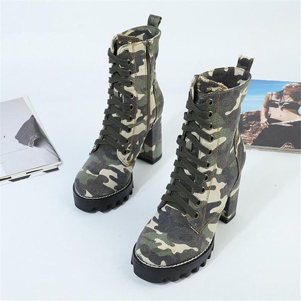 

boots camouflage women ankle lace up chunky high heel platform botas mujer ladies autumn denim riding boot1, Black