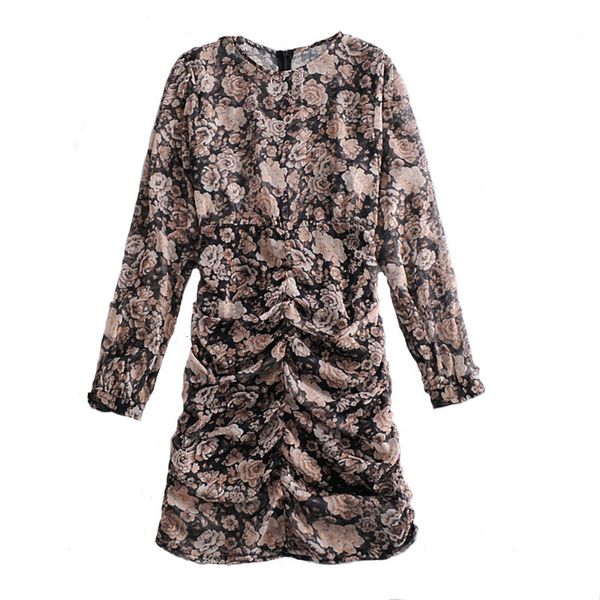 

2021 new draped floral printed chiffon mini dress women vintage metallic thread o neck long sleeve ruched ladies retro dresses 2yi2, Black;gray