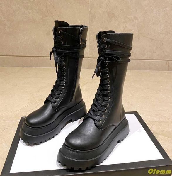 

boots black platform women side zipper lace-up long-boots 2021 autumn fashion mid-calf square toe1