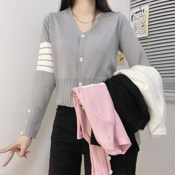 

4-color autumn new casual women sweater harajuku striped long-sleeved v-neck cardigan female vintage knit mujer, White