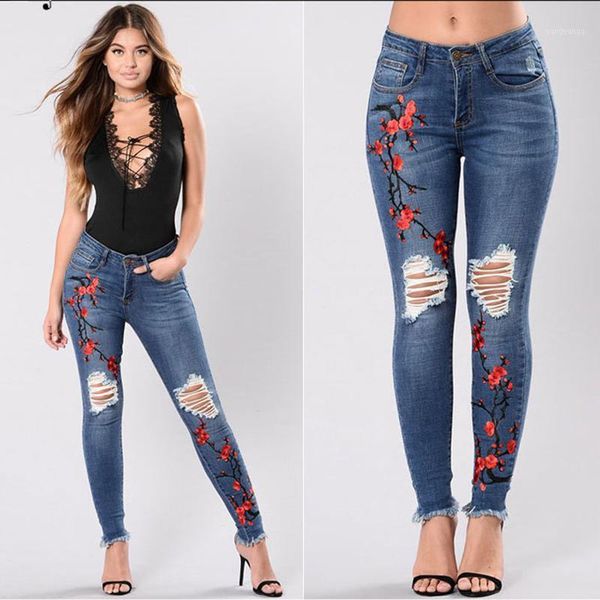 

summer embroidery ripped women's jeans mid waist stretch skinny pencil pants mujer elastic slim trousers with holes denim street1, Blue