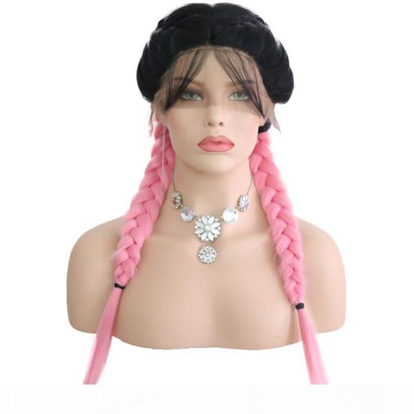 

pink braided wig for women with baby hairs heat resistant fiber glueless double box braids pink synthetic lace wigs braiding hair, Black