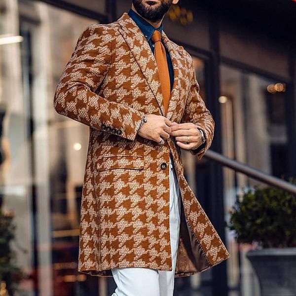 Plus size inverno masculino blusão novo outono longo terno houndstooth jaqueta moda impresso casaco masculino em stock274o