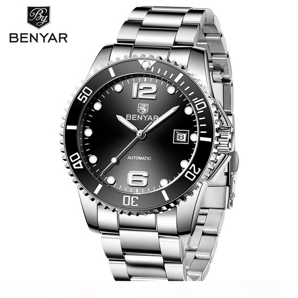 

2019 benyar brand men mechanical watch automatic fashion luxury stainless steel male clock, Slivery;brown