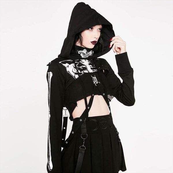 

gothic punk с капюшоном толстовки женщины black skeleton печати маска длинным рукавом crop tops 2020 мода halloween толстовка ропа mujere
