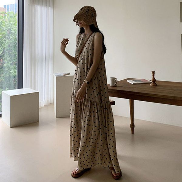 

2021 -style korean polka dot dress female summer ruffle hem chic young men dressed long vintage oversize loose black khaki a new line 9n3z, Black;gray