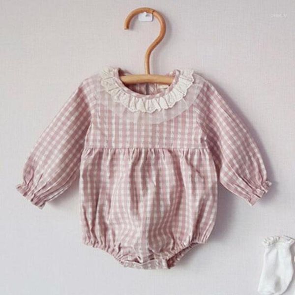

infant baby rompers baby girls long sleeve grid lace collar clothes rompers spring autumn girls 0-3yrs1, Blue