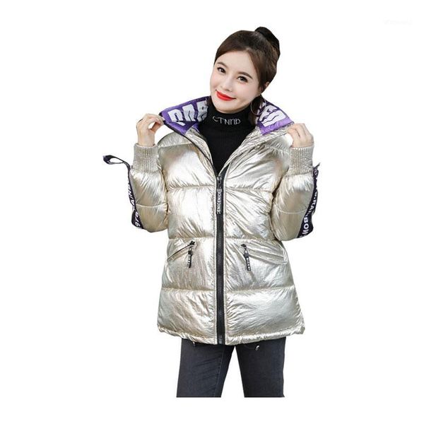 

women short winter jacket glossy stand collar letters windproof down coat oversize cotton padded parkas1, Black