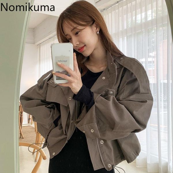 

nomikuma causal drawstring slim waist short jacket zipper stand neck cargo coat 2021 autumn long sleeve pockets outwear 6c766, Black;brown