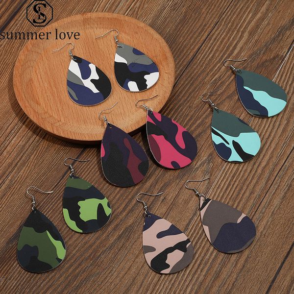 

fashion camouflage pu leather printing teardrop dangle earring for women bohemian leopard print drop double side earring jewelry gift, Silver