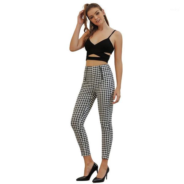 

autumn streetwear black white plaid pants women zipper decoration a little elastic long slim trousers women pants1