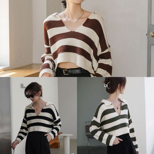 

autumn 2020 new korean sweater sweaterversion lazy style loose and thin short bat sleeve v-neck stripe knitted sweater women fashion qqvfb q, White;black