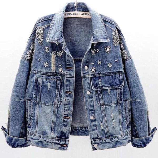 

women's jackets 2021 autumn fashion heavy work diamond long-sleeved denim jacket women loose hole bf jeans coat, Black;brown
