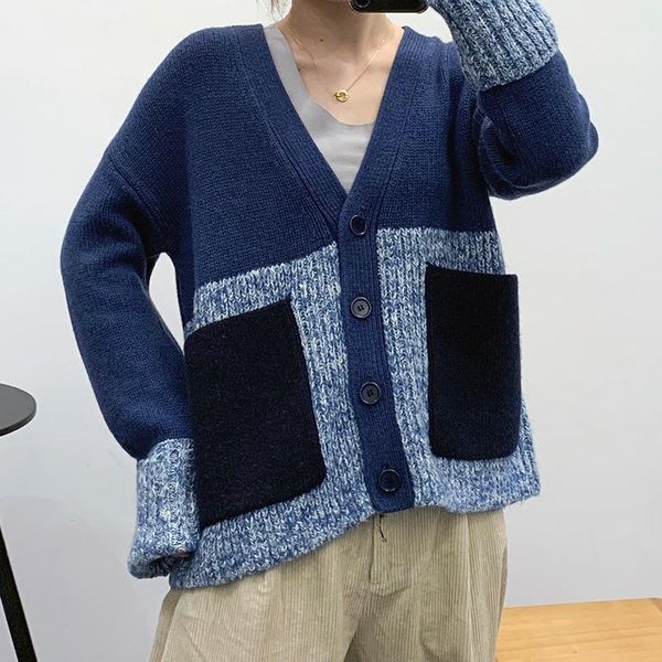 

women knitted cardigan patchwork color ladies single-breasted cardigan knitwear female long sleeve sweater with bouble pockets1, White