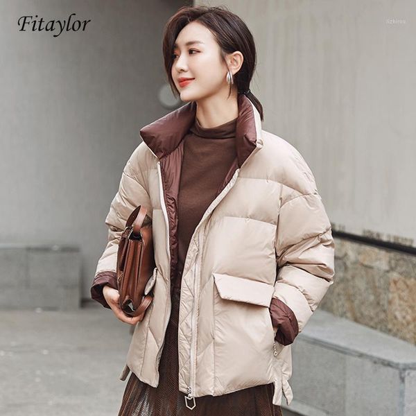 

fitaylor new women white duck down jacket winter stand collar loose down coat female warm short snow outwear1, Black